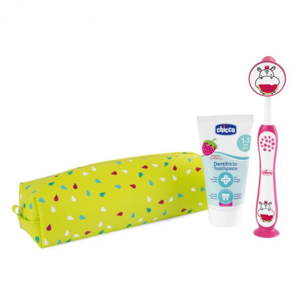 Chicco always smiling zestaw podróżny pasta do zębów 50ml + szczoteczka do zębów + etui 3-6l hippo