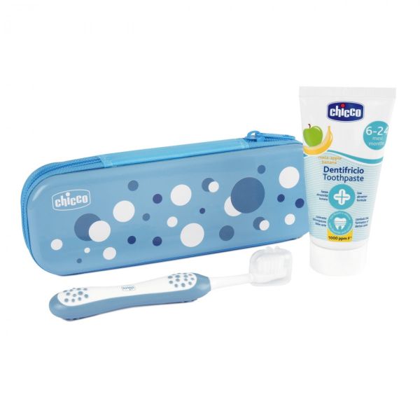 Chicco zawsze z uśmiechem zestaw pasta do zębów 50ml + szczoteczka do zębów + etui 6-36m indigo