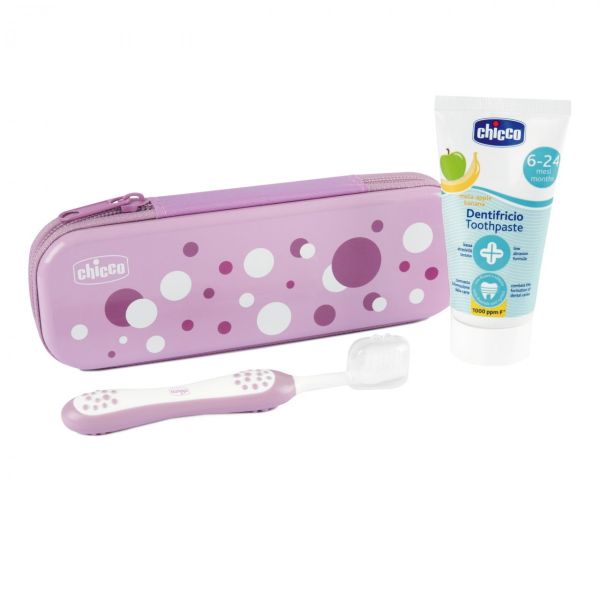 Chicco zawsze z uśmiechem zestaw pasta do zębów 50ml + szczoteczka do zębów + etui 6-36m lila