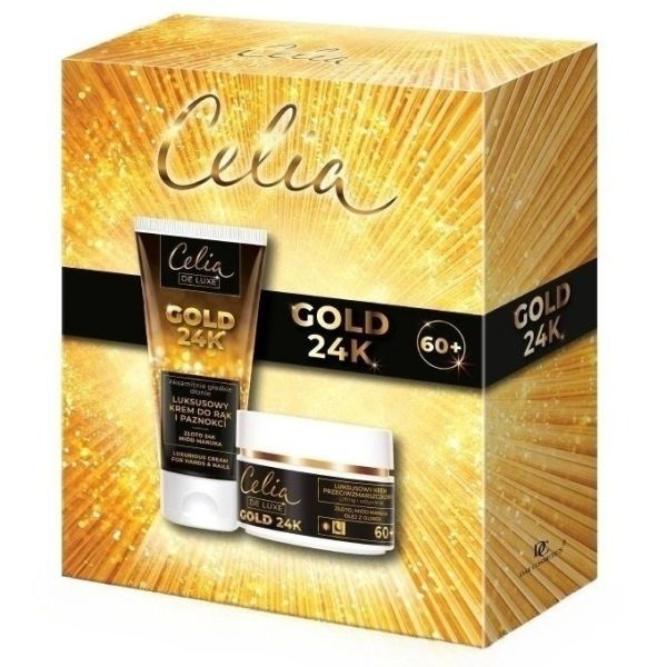 Celia de luxe gold 24k zestaw luksusowy krem przeciwzmarszczkowy 60+ 50ml + luksusowy krem do rąk i paznokci 80ml