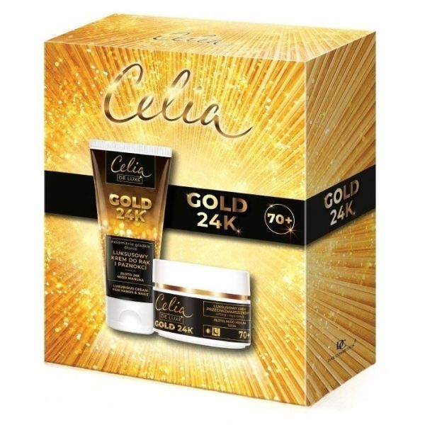 Celia de luxe gold 24k zestaw luksusowy krem przeciwzmarszczkowy 70+ 50ml + luksusowy krem do rąk i paznokci 80ml