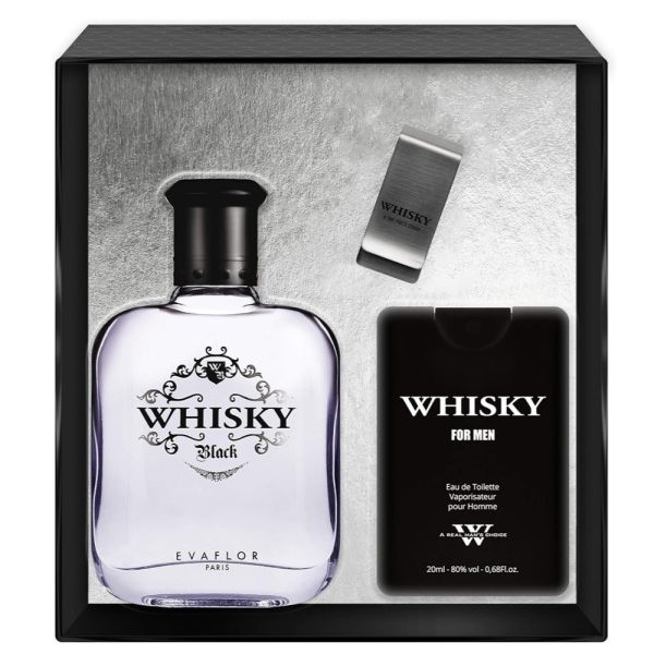 Evaflor whisky black zestaw woda toaletowa spray 100ml + woda toaletowa spray 20ml + klips na banknoty