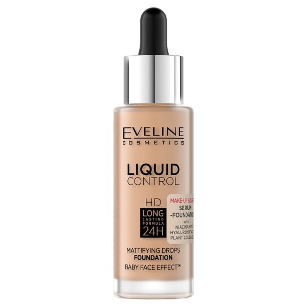 Eveline cosmetics liquid control hd matujący podkład do twarzy z niacynamidem 055 honey 32ml