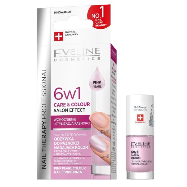 Eveline cosmetics nail therapy professional 6w1 care & colour skoncentrowana odżywka do paznokci nadająca kolor pink pearl 5ml