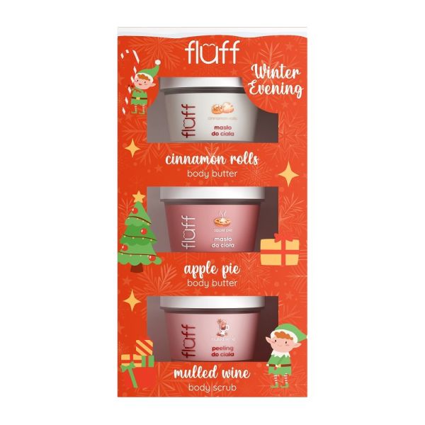 Fluff winter evening zestaw peeling do ciała grzane wino 100ml + masło do ciała szarlotka 100ml + masło do ciała bułeczki cynamonowe 100ml