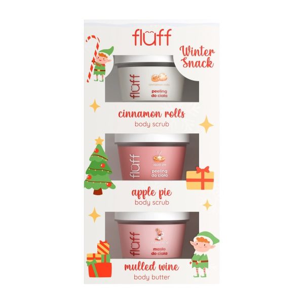 Fluff winter snack zestaw masło do ciała grzane wino 100ml + peeling do ciala szarlotka 100ml + peeling do ciała bułeczki cynamonowe 100ml