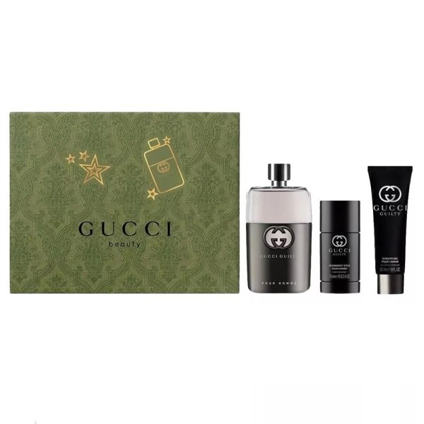 Gucci guilty pour homme zestaw woda toaletowa spray 90ml + dezodorant sztyft 75ml + żel pod prysznic 50ml