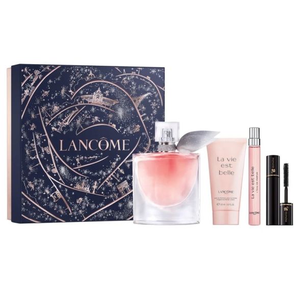 Lancome la vie est belle zestaw woda perfumowana spray 100ml + woda perfumowana spray 10ml + balsam do ciała 50ml + mini tusz do rzęs 2ml