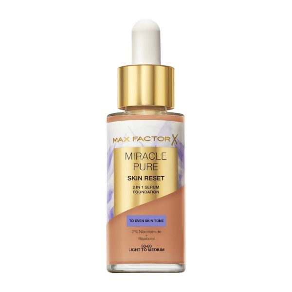 Max factor miracle pure 2w1 skin reset pielęgnujący podkład z serum o wegańskiej formule 60-80 light to medium 30ml