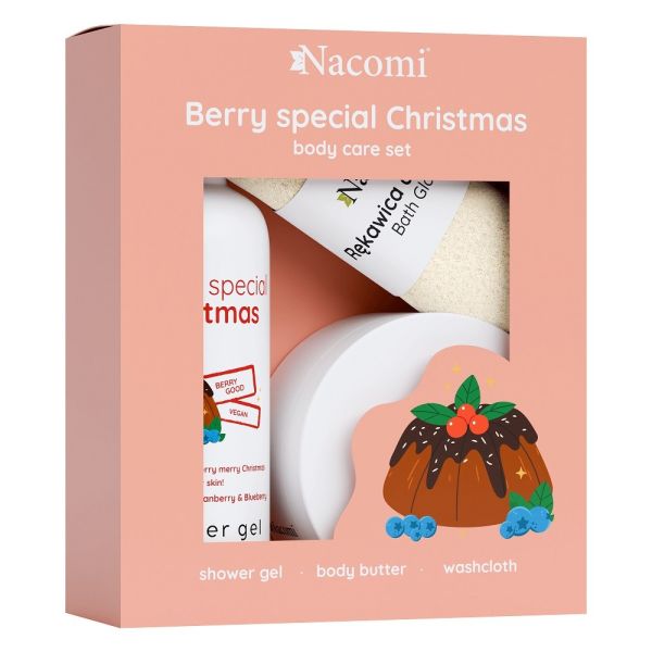 Nacomi berry special christmas zestaw żel pod prysznic 300ml + masło do ciała 100ml + rękawica do kąpieli