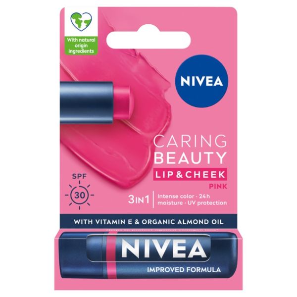 Nivea caring beauty pielęgnująca pomadka do ust 3w1 pink 4.8g