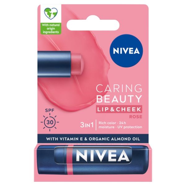 Nivea caring beauty pielęgnująca pomadka do ust 3w1 rose 4.8g