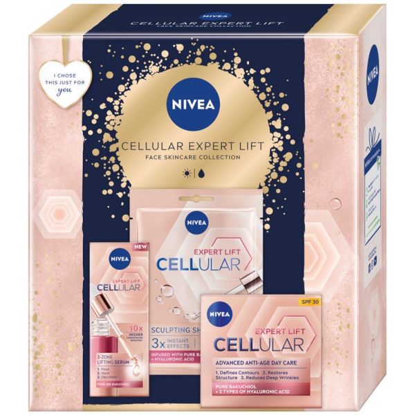 Nivea cellular expert lift zestaw serum do twarzy 30ml + krem anti-age na dzień spf30 50ml + chłodząco-modelująca maska w płachcie 1szt