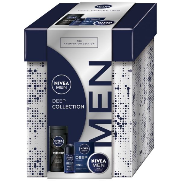 Nivea men deep collection zestaw krem uniwersalny 75ml + antyperspirant roll-on 50ml + żel pod prysznic 3w1 250ml + antybakteryjna woda po goleniu 100