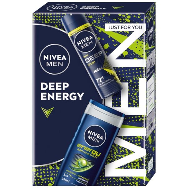 Nivea men deep energy zestaw żel pod prysznic 3w1 250ml + antyperspirant spray 150ml