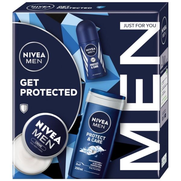 Nivea men get protected zestaw żel pod prysznic 3w1 250ml + antyperspirant roll-on 50ml + krem uniwersalny 75ml