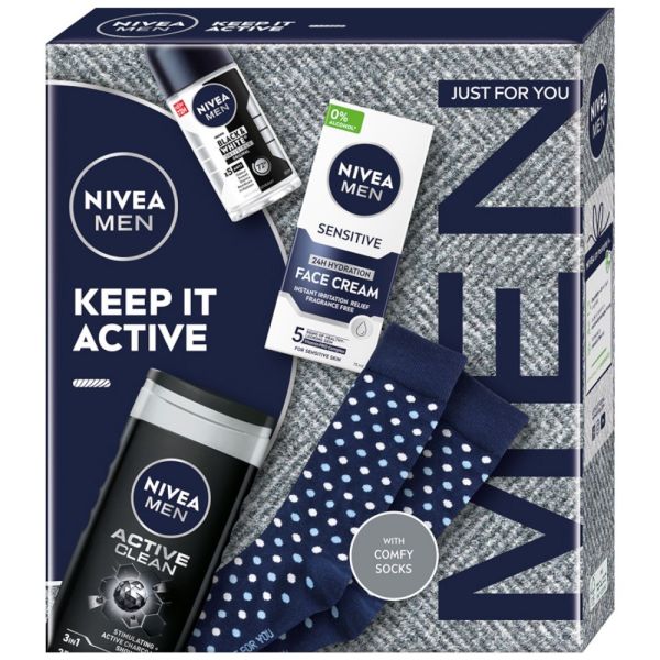 Nivea men keep it active zestaw żel pod prysznic 3w1 250ml + antyperspirant roll-on 50ml + łagodzący krem nawilżający do twarzy 75ml + skarpetki