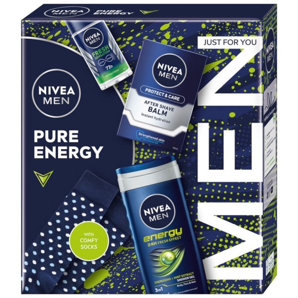 Nivea men pure energy zestaw antyperspirant roll-on 50ml + żel pod prysznic 3w1 250ml + nawilżający balsam po goleniu 100ml + skarpetki