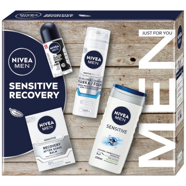 Nivea men sensitive recovery collection zestaw żel pod prysznic 3w1 250ml + antyperspirant roll-on 50ml + balsam po goleniu 100ml + pianka do golenia