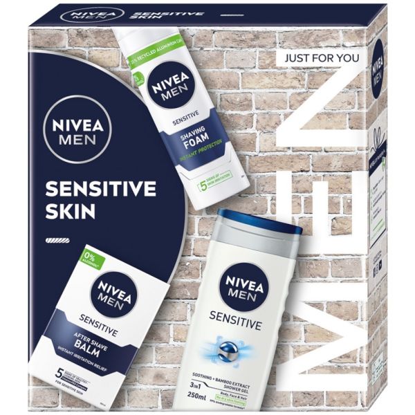 Nivea men sensitive skin zestaw żel pod prysznic 3w1 250ml + łagodzący balsam po goleniu 100ml + łagodząca pianka do golenia 200ml