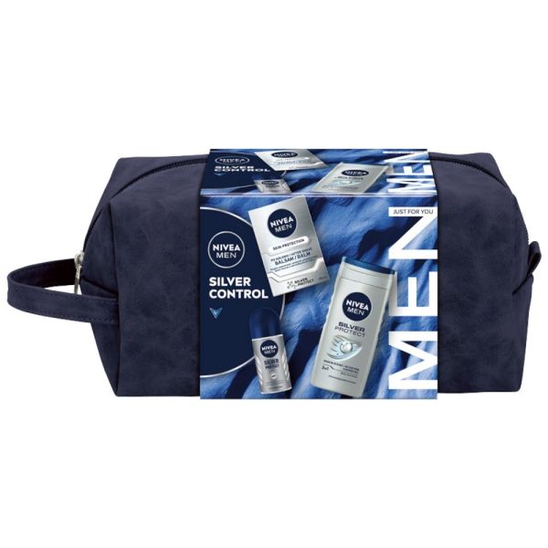 Nivea men silver control zestaw balsam po goleniu 100ml + antyperspirant roll-on 50ml + żel pod prysznic 3w1 250ml + kosmetyczka