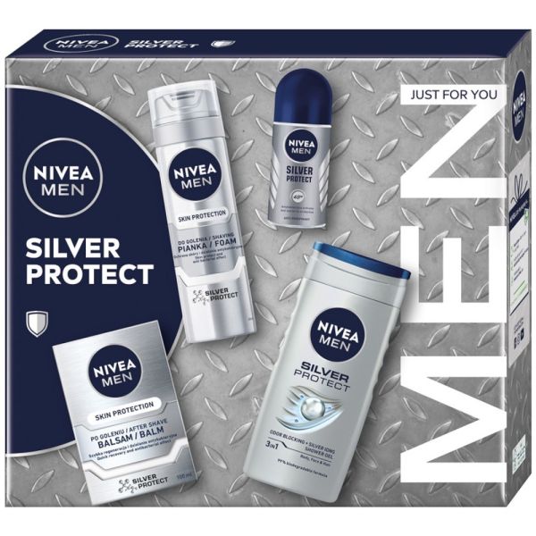 Nivea men silver protect collection zestaw pianka do golenia 200ml + balsam po goleniu 100ml + antyperspirant roll-on 50ml + żel pod prysznic 3w1 250m