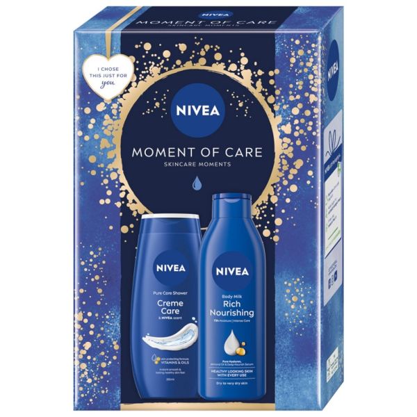 Nivea moment of care zestaw żel pod prysznic 250ml + odżywcze mleczko do ciała 250ml