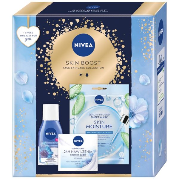 Nivea skin boost zestaw odświeżający krem na dzień 50ml + dwufazowy płyn do demakijażu oczu 125ml + nawilżająca maska w płachcie 1szt