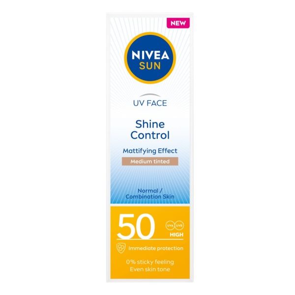 Nivea sun uv face shine control matujący krem do twarzy z wysoką ochroną spf50 medium tinted 50ml