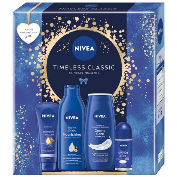 Nivea timeless classic zestaw krem do rąk 100ml + żel pod prysznic 250ml + antyperspirant roll-on 50ml + mleczko do ciała 250ml