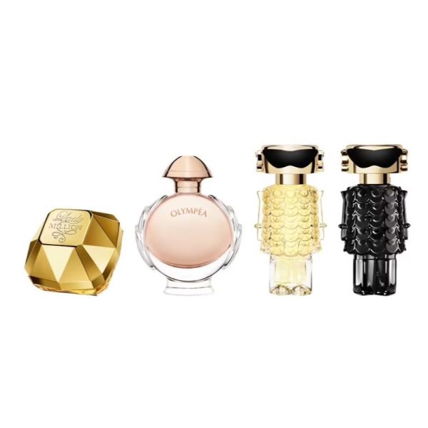 Paco rabanne miniature gift set zestaw lady million woda perfumowana 5ml + olympea woda perfumowana 6ml + fame woda perfumowana 4ml + fame perfumy 4ml