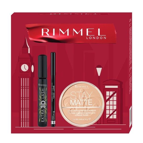 Rimmel zestaw wydłużający tusz do rzęs 8ml + matujący puder do twarzy 14g + kredka do oczu 1.2g