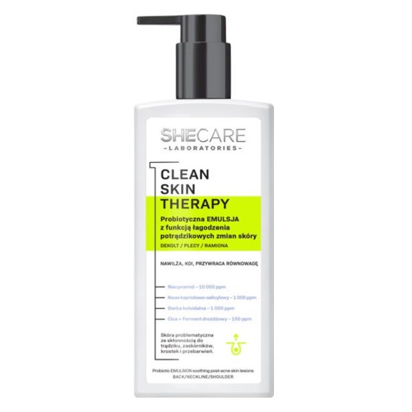 Shecare clean skin therapy probiotyczna emulsja do ciała z funkcją łagodzenia potrądzikowych zmian skóry 225ml