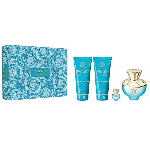 Versace dylan turquoise pour femme zestaw woda toaletowa spray 100ml + żel do ciała 100ml + żel pod prysznic 100ml + miniatura wody toaletowej 5ml