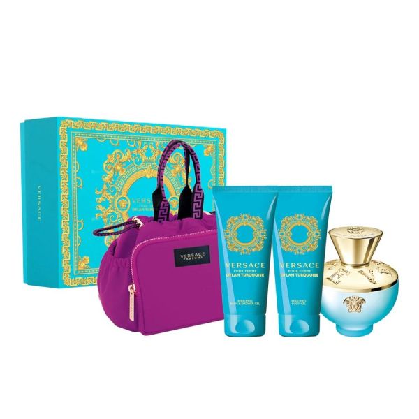 Versace dylan turquoise pour femme zestaw woda toaletowa spray 100ml + żel pod prysznic 100ml + żel do ciała 100ml + torba kosmetyczna