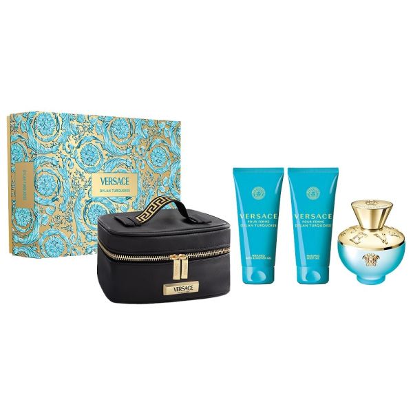 Versace dylan turquoise pour femme zestaw woda toaletowa spray 100ml + żel pod prysznic 100ml + żel do ciała 100ml + kosmetyczka