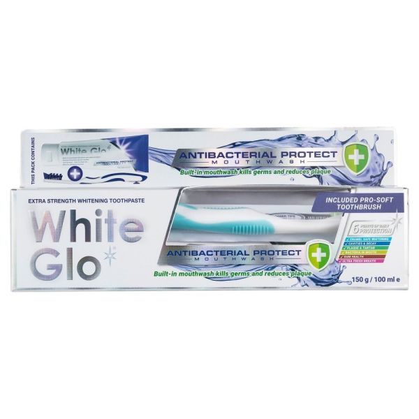 White glo antibacterial protect mouthwash toothpaste antybakteryjna wybielająca pasta do zębów 150g/100ml + szczoteczka