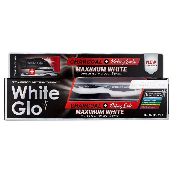 White glo charcoal + baking soda maximum white toothpaste wybielająca pasta do zębów 150g/100ml + szczoteczka